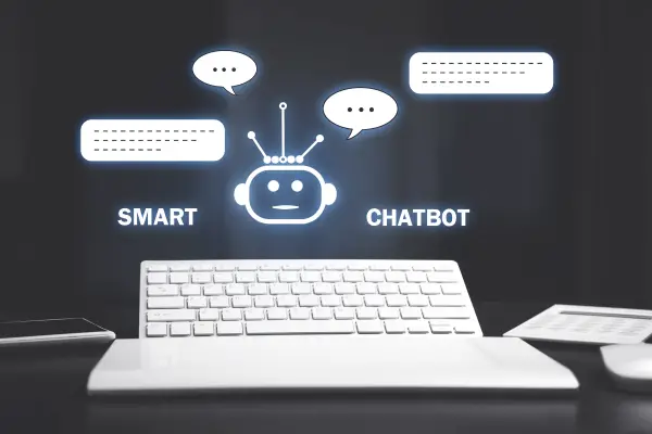 Interface de chatbot inteligente Representação digital de um chatbot inteligente em um ambiente tecnológico, com uma interface futurista mostrando mensagens automatizadas e inteligência artificial aplicada ao atendimento ao cliente.